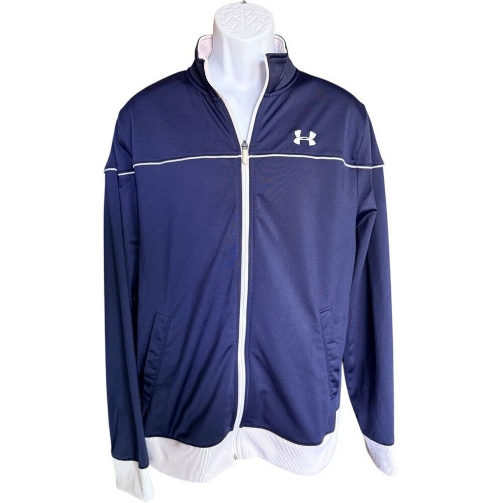 Mens Under Armour Rival Navy Blue & White Full Zip Track Jacket - Sz XL